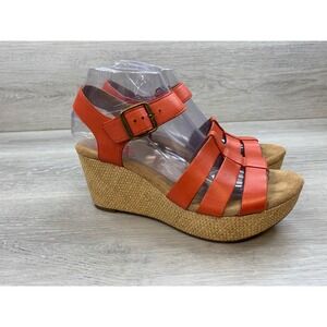 Clarks Artisan Women's Sandals Orange Leather Caged Wedge 7.5 M Platform Shoes